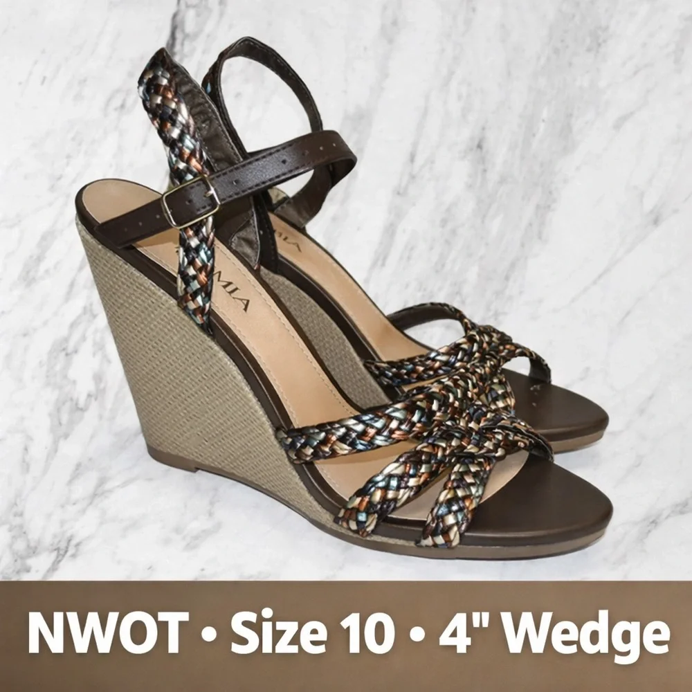 NWOT MIA Braided Strap Wedge Sandals Brown Multi | Size 10M | 4” Heel - Picture 1 of 10
